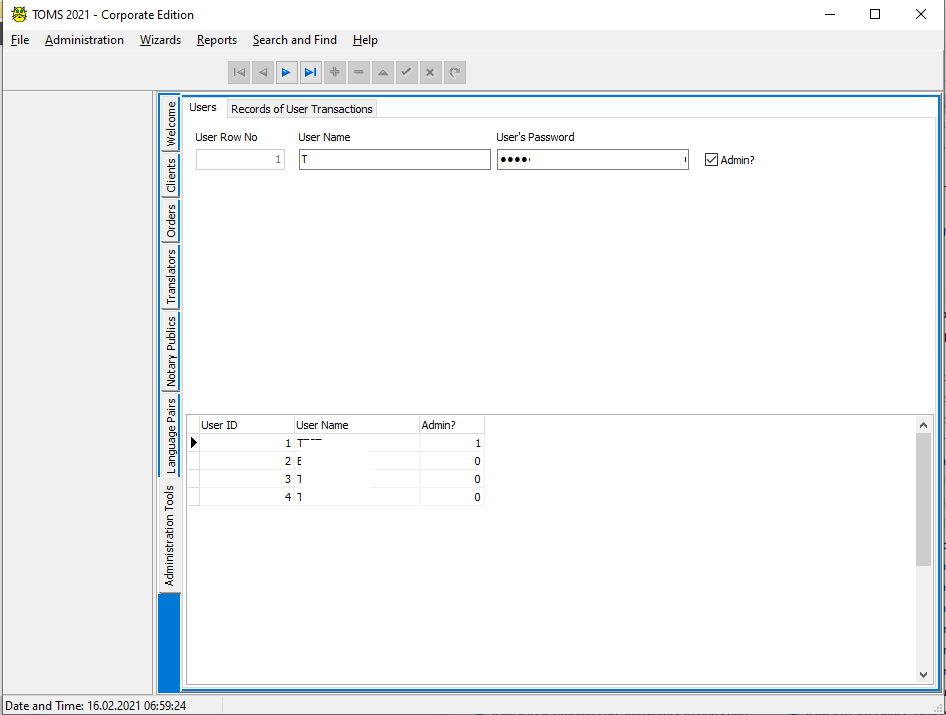 TOMS Corporate (Multiuser) Edition - Manage Users