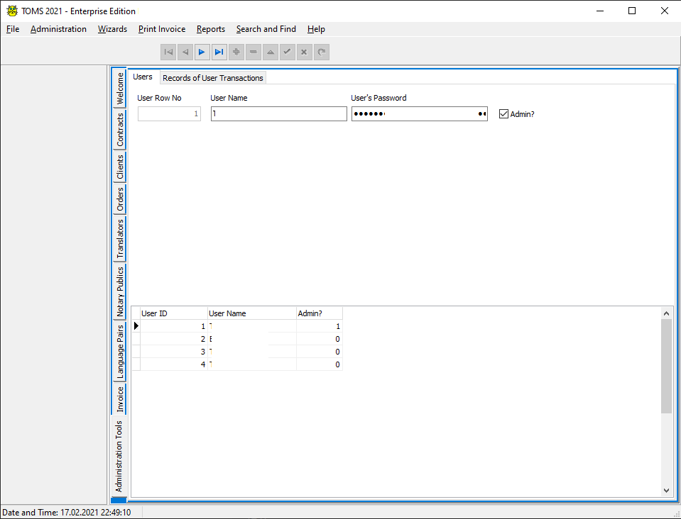 TOMS Enterprise (Multiuser) Edition - Manage Users