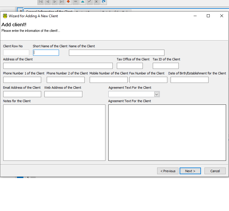 You may manage your translation clients and contact persons at Clients tab or add new clients - contact persons by means of New Client Wizard...