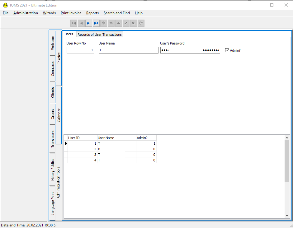 TOMS Ultimate (Multiuser) Edition - Manage Users